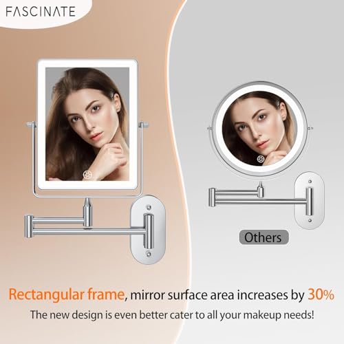 FASCINATE 5000mAh Rechargeable Wall Mounted Makeup Mirror, 8.7" Double Sided Touch Switch 1X/30X Rectangle Wall Mounted Magnifying Mirror with Light, 3 Color Setting, Extended Arm 360¡Æ Swivel Foldable