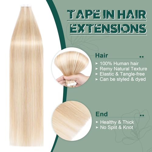 Benehair Remy Tape in Hair Extensions Human Hair Ash Blonde&Bleach Blonde Seamless Skin Weft Tape in Real Human Hair Extensions Straight Hair 22 Inch 50g #18P613 20 pcs