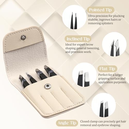Lasnten 12 Sets Eyebrow Tweezers Set and Curved Scissors, 4 in 1 Professional Stainless Steel Tweezers for Women and Men, Splinter and Ingrown Hair Removal with Travel Case(Beige)