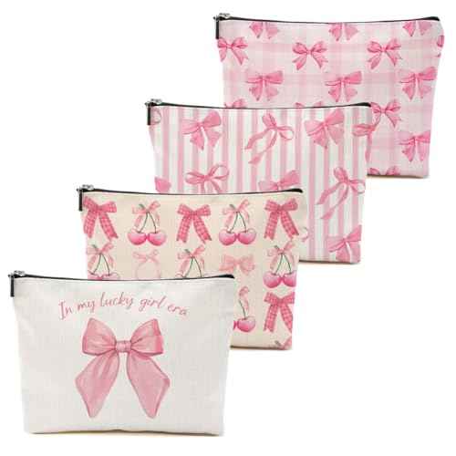 4Pcs Pink Coquette Bow Makeup Bag, Preppy Cosmetic Bags Zipper Pouch Travel Toiletry Bag, Pink Trendy Gifts for Women Girls Coworker Friends Travel Storage Accessories Birthday Christmas Gifts-2
