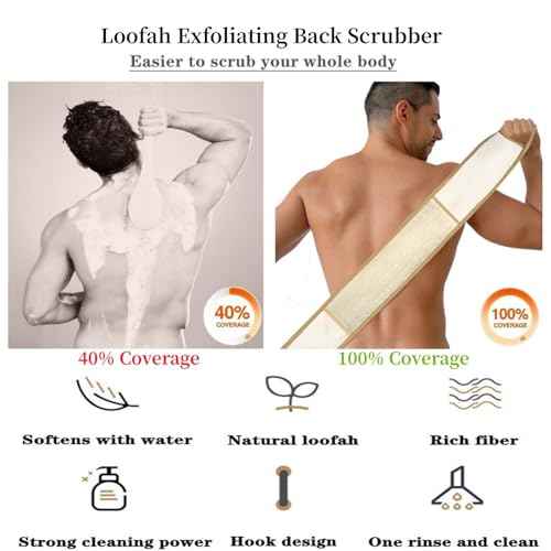Exfoliating Natural Loofah Sponge Back Scrubber for Shower, Exfoliating Sponge for Shower, Bath Shower Scrubber for Men and Women, Luffa Scrubber to Clean Your Back Deeply Relax Your Body (1 Pack)