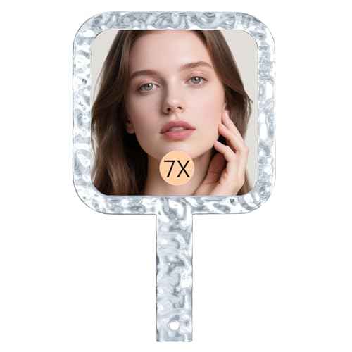 Famihomii Handheld Mirror with 1X/7X Magnification, Dual-Sided Magnification Hand Mirror, Hand Mirror with Handle, 5.1" x 6.1", Lightweight & Durable, Portable & Hangable for Makeup, Shaving - Clear
