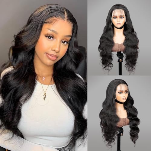 24 Inch Body Wave Lace Front Wigs Human Hair Pre Plucked 200 Density 13x4 HD Lace Frontal Wigs for Women Natural Black