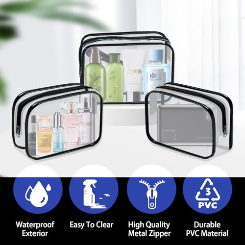 16 Pieces Clear Cosmetic Bags PVC Clear Makeup Bags TSA Approved Toiletry Bag with Zipper Waterproof Vinyl Plastic Organizer Storage Transparent Pouch for Women and Men (Black, Small)