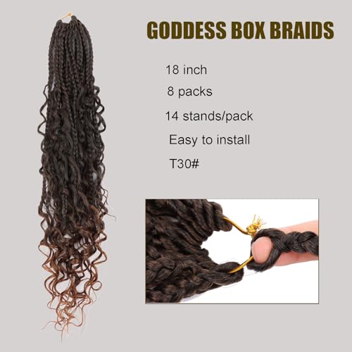 18 Inch Goddess Box Braids Crochet Hair 8 Packs Crochet Hair for Black Women Boho Box Braids Crochet Hair with Curly Ends Bohomian Box Braids Synthetic Braiding Hair Extensions T30#