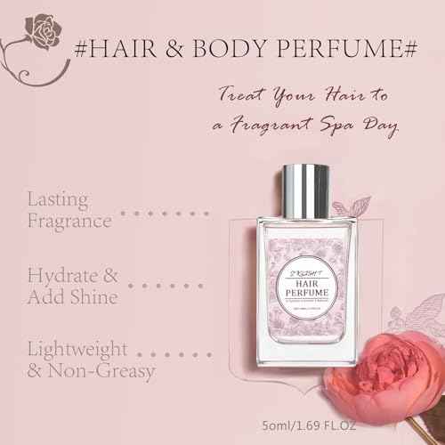 Hair Perfume for Women, Long-Lasting Pheromone Perfume oil Sweet Floral Fragrance, Castor oil & Rose Hydrosol for Nourishing and Hydrating Hair Shine Spray, 1.69 fl.oz