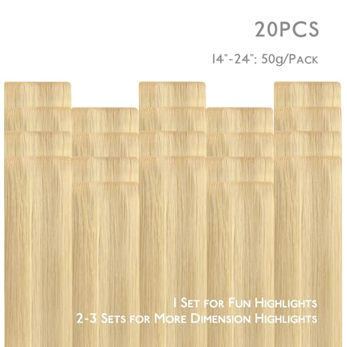 WENNALIFE Invisi Edge Tape in Hair Extensions Human Hair, 20 Inch 50g 20pcs Light Blonde Highlighted Golden Blonde Invisible Luxury Remy Hair Extensions Natural Seamless Injected Tape Ins Straight