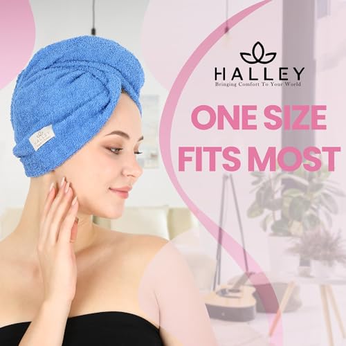 HALLEY Cotton Hair Towel Wrap (3 Packs) Super Absorbent Fast Drying Hair Towel for Thick Hair Turbans for Wet Hair with Button (Pink, Blue, Grey)