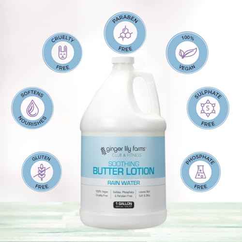 Ginger Lily Farms Club & Fitness Soothing Butter Lotion for Dry Skin, 100% Vegan & Cruelty-Free, Rain Water Scent, 1 Gallon (128 fl oz) Refill