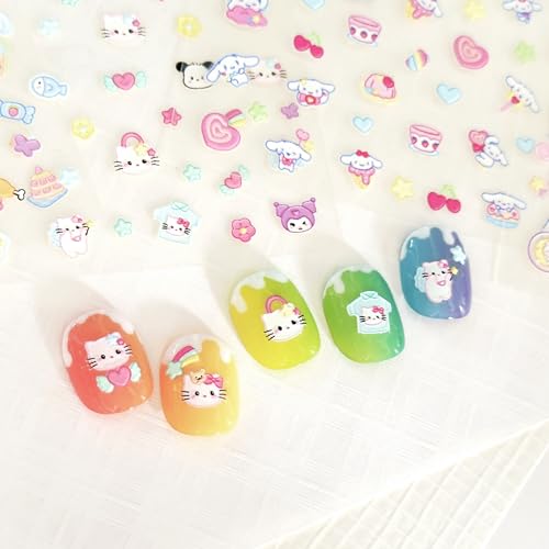 10 Sheets of 3D Nail Stickers - 719 Cute Nail Decals - Embossed Nail Stickers for Kids | Kawaii Theme - Butterfly, Flowers, Cats, Bunny, Stars, Fruits | Glow in The Dark