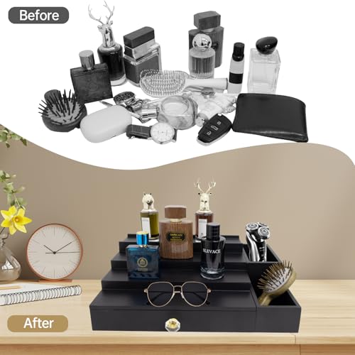 4 Tier Wood Cologne Organizer Stand for Men Wooden Black Perfume Shelf Fragrance Display Risers with Drawer Hidden Compartment Cologne Holder Wood Dresser
