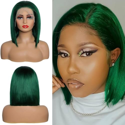 13x4 Teal Green Color Lace Front Human Hair Wigs Pre Plucked Blunt Cut Bob Style Pre Colored Green 13x4 Transparent Lace Frontal Wigs Human Hair (Turquoise, 14 inch)