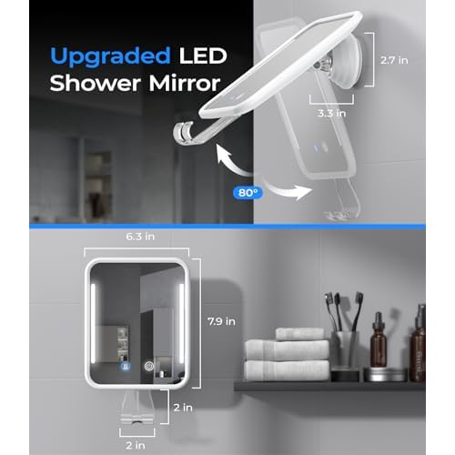 Gospire Heated Shower Mirror Fogless for Shaving with Light, 5000mAh Rechargeable Battery, Detachable Suction Cup and Razor Holder for Wall, NO-Drilling, Removable, Waterproof for Bathroom - White