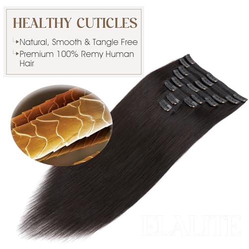 Elailite Clip in Hair Extensions Real Human Hair Double Weft Thick 8pcs Weft Natural Black 18 Inch 140g Remy Hairpieces Balayage Full Head Straight for Women