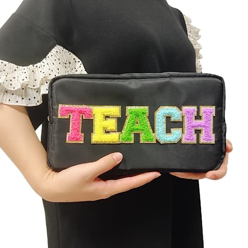 Teacher Appreciation Gifts Letter Patch Nylon Makeup Bag Pencil Bag Chenille Varsity Letter Patches Makeup Zipper Pouch Retirement Birthday Teacher Gifts for Women(Teach-black)