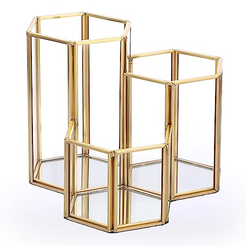 Hipiwe Glass Makeup Brush Holder 3 Slot Mirrored Gold Cosmetics Brush Organizer Eyeliners Display Case Vintage Decorative Makeup Storage Box Desktop Pen Pencil Pot, Large