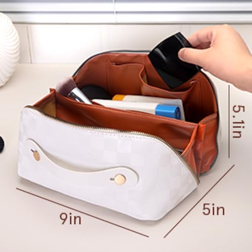 Large Capacity Brown Checkered Makeup Bags Portable Travel Cosmetic Bags Open-Flat Toiletry Bag for Women Girls Make Up Organizer with Divider Pouch Zipper Bag (white-checkered)