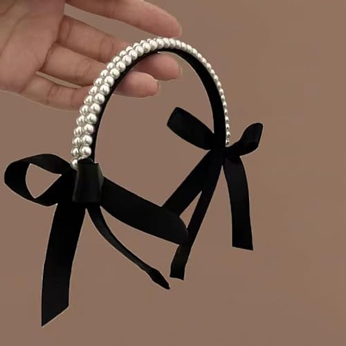 Pearl Headbands for Women Girls Sweet Satin Bow Headbands Non Slip Bridal Hair Hoop Cute Black Turban Headband Bling Beaded Head Bands Party Wedding Headwear Vintage Styling Tools Accessories