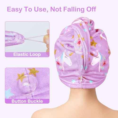 FIOBEE Microfiber Hair Towel Wrap for Kid Rapid Drying Towel Absorbent Hair Turbans for Wet Hair with Button Women Girls Long Curly Hair Pack of 2, Purple