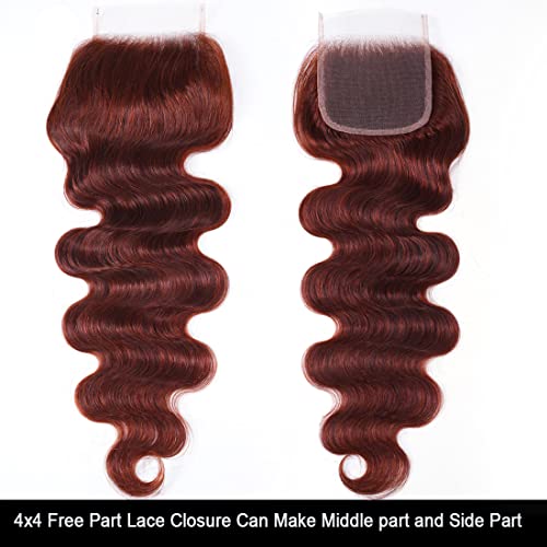 UNICE Reddish Brown Body Wave Human Hair 4x4 Lace Closure Free Part, Brazilian Human Remy Hair Auburn Brown Body Wave Human Hair Closure 33B Color 18 inch