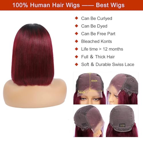 Burgundy Bob Wig - Glueless, Pre-Plucked 150% Straight 4x4 Lace Front Wig, 12 Inch