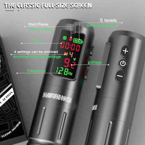 Wormhole Tattoo Gun Kit 1,600mAh Battery 2 Bottles 1/2 OZ Xtreme Tattoo Ink and 20 Tattoo Needles Wireless Tattoo Machine Kit Smart Tattoo Pen for Precise Lining & Shading Smart Display