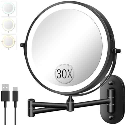 30X/1X Wall Mounted Lighted Makeup Mirror, 8'' Double Sided Rechargeable Magnifying Bathroom Mirror with Light, 3 Color Lights Touch Dimmable Extended Arm 360 Rotation Light up Mirrors