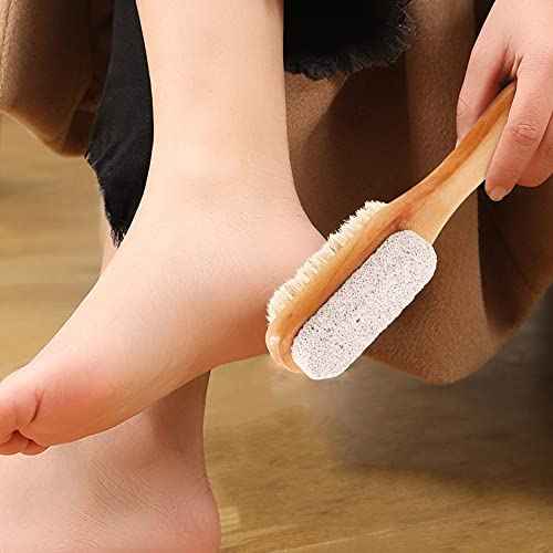 Foot Natural Bristle Brush & Pumice Stone Combo W/Rope wooden handle - Exfoliator Pedicures Calluses Remover - Smoother Body skin, feet, elbow Scrubber for Massage SPA Sauna and more