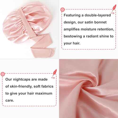 Large Silk Bonnet for Sleeping, Satin Hair Bonnet for Sleeping with Tie Band, Double Layer Satin Bonnets for Women Natural Curly Hair Shower cap