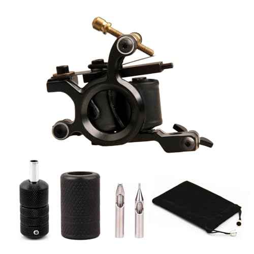 Coil Tattoo Machine Gun Iron Liner 10 Wraps Coils Shader Tattoo Kit Selflock Tattoo Grip Tube 25mm Silicone Grips Cover Tattooing Tips 5F 5R for Starter Tattooist