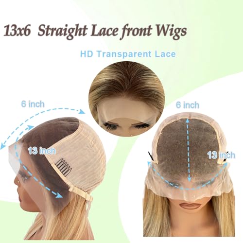 13x6 Medium brown/Golden Brown to Bleach Blonde Highlights Straight Lace front Wigs Human Hair 24in for Black Women HD Lace Glueless Pre Plucked 180% Density Brazilian Virgin Human Hair 24in