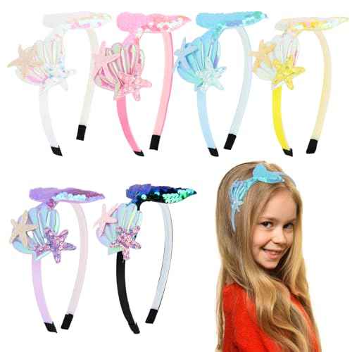 6Pcs Mermaid Headbands for Girls Fish Tail Hair Band for Women White Pink Blue Purple Yellow Multi-colored Headbands Seashell Ocean Theme Cute Headband