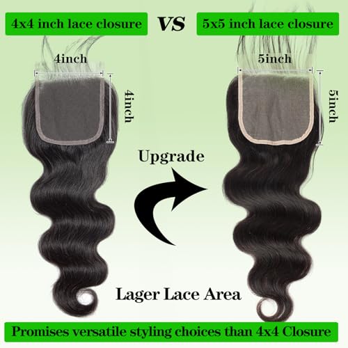 Body Wave Bundles with 5x5 Closure Human Hair (14 16 18+12) 100% Unprocessed Brazilian Virgin 10A Body Wave Human Hair Weave Bundles with 5x5 Closure Natural Color