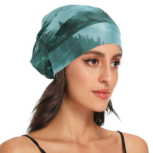 Beanie Hat Satin Bonnet Lined Sleep Cap Hair Wrap Cover Slouchy Beanie for Curly Hair Protection for Gifts for Men Women Foggy Green Mountains and Pine Trees