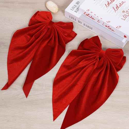 2Pcs Red Large Velvet Hair Ribbons Hair Bows Barrettes Clip with Long-Tail for Women Girls Oversized Aesthetic Christmas Valentines New Year Party Hair Styling Accessories Gift
