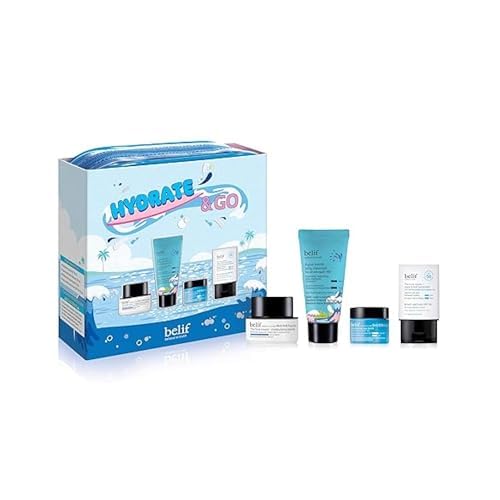 belif Hydrate & Go Kit ? 4-Step Korean Skincare Set with Toner, Moisturizing Bomb Cream, Jelly Cleanser, Eye Bomb, SPF 45 Sunscreen, TSA-Friendly, Deep Hydration & Barrier Care for Glowy, Bouncy Skin