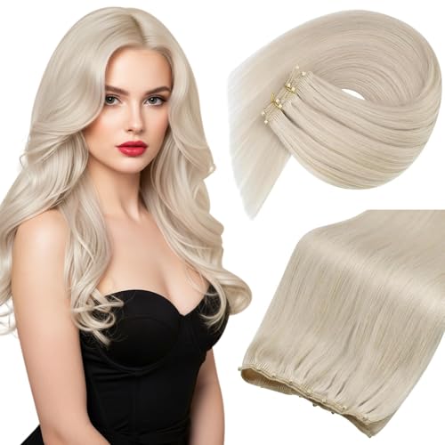 Sunny Hair Micro Weft Hair Extensions Human Hair Blonde Beaded Weft Human Hair Extensions Platinum Blonde Hair Extensions Beaded Wefts Human Hair Sew in Extensions Long Straight Hair 22inch 50g