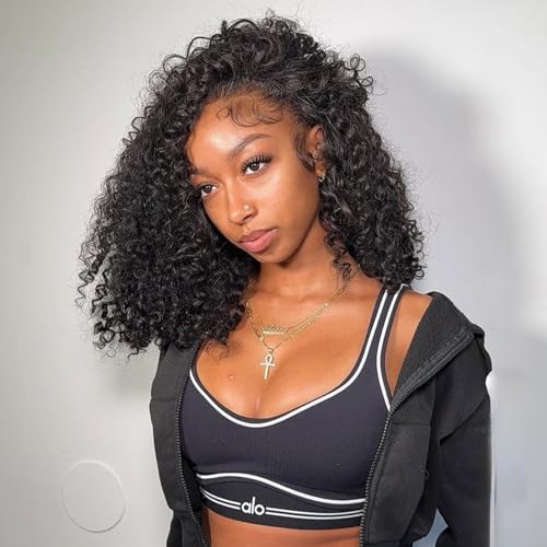 Kinky Curly Half Wig Human Hair 16 inch 200% Density 3 In 1 Glueless Wear Go Half Wigs for Women Drawstring Seamless Flip Headband Wig Beginner Friendly