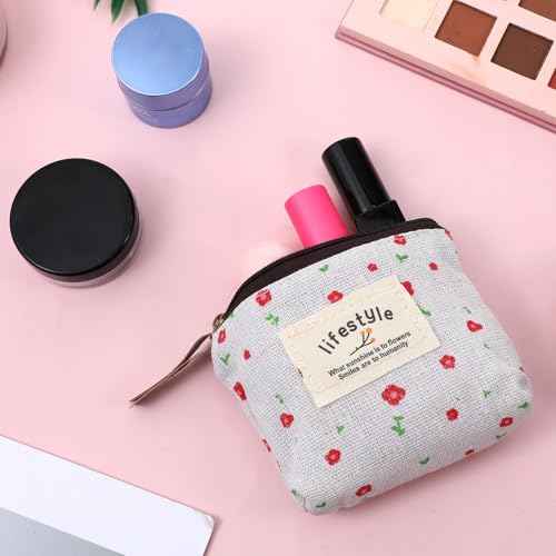 Mini Makeup Bag, 4 Pcs Linen Floral Small Makeup Bag for Purse Portable Small Zipper Pouch Cute Fabric Mini Cosmetic Bags for Women Girls Home Travel Lipstick Coin Cards Storage (4 Style)