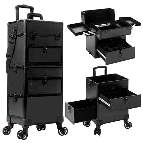 AROUS Rolling Makeup Case with 3 Drawers, Cosmetology Case on Wheels 5 IN 1 Makeup Train Case Make Up Organizer for Artist Salon Nail Teach Trunk,Black