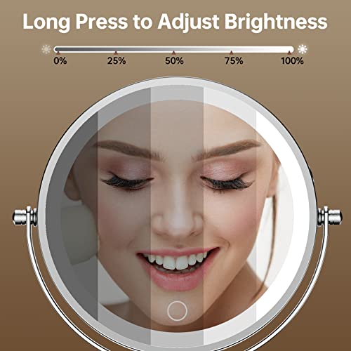 Gospire 7" Lighted Makeup Mirror with Magnification 10X/1X, Rechargeable Cordless Stepless Dimming LED Lights, 360¡Æ Swivel Magnifying Cosmetic Vanity Standing Mirror for Dresser, Bathroom
