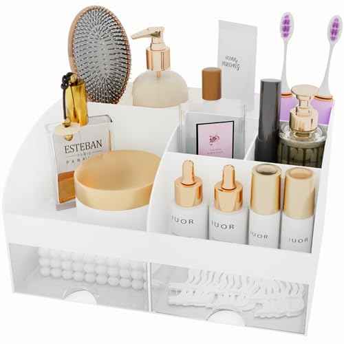 Makeup Organizer with Drawers, Cosmetic Storage for Dresser Vanity and Bathroom Countertop, Beauty Holder for Lipstick Brush, Skincare Organizer for Vanity, Cosmetic Display Case (White)