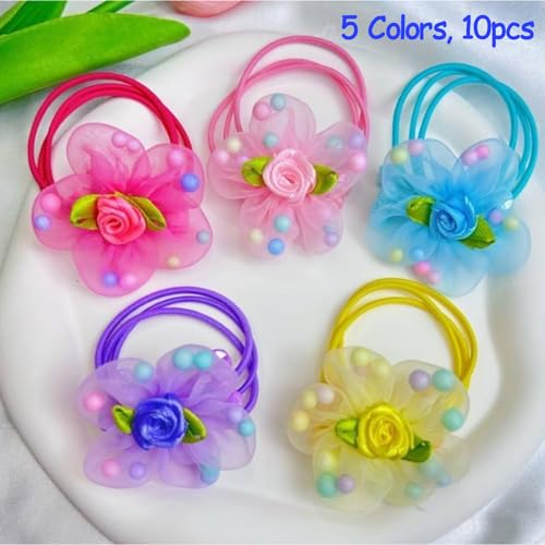 10pcs Upscale Hair Ties with Colored Pretty Flowers Beads Elastic Gauze Hair Bands Hair Accessories for Little Girls Kids Toddlers (5 Pairs)
