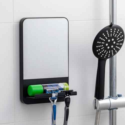 TAILI Shower Mirror Fogless Suction, Shaving Mirror with Razor Holder, Fog Free with Storage Tray, Rust-Proof, Shatterproof, Removable, Bathroom & Shower Accessories, Black