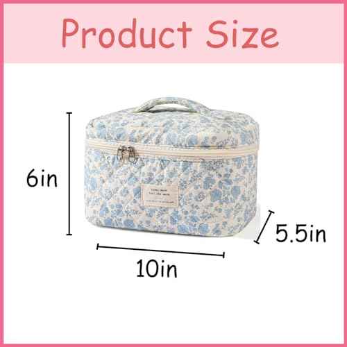 uekeboag Large Travel Quilted Makeup Bag for Women, Floral Cotton Cosmetic Bag, Coquette Aesthetic Floral Toiletry Organizer Bag