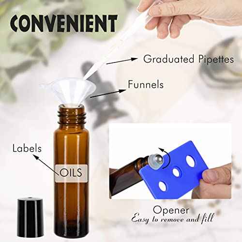 6 Pack Essential Oil Roller Bottles - 10ml Amber Glass Roll-On Bottles with Stainless Steel Roller Balls, Labels, 1*Openers, 1*Funnels, 1*Dropper