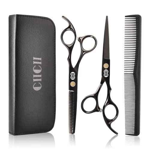 CIICII Hair Cutting Scissors Shears Kit, Professional Barber Haircut Scissors Set (6.7 Inch Hair Beard Hairdressing Trimming Haircutting Thinning Shears) for Men Women Hairdresser Home Salon (Black)