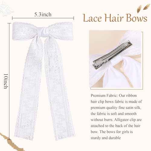 VOBOBE 2PCS Hair Bows for Women Girls, White Coquette Lace Bow Clips Silky Satin Hair Ribbons with Long Tail Hair Accessories for Wedding Birthday (White)