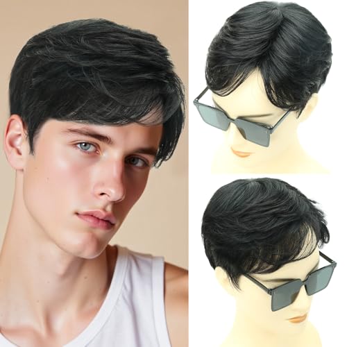 Toupee for Men Human Hair Men¡®s Full head mask Straight hair Wig Short Straight hair Hair Fluffy Realistic Hair Wig Thin Skin Daily Party Costume Wig for Male(black)