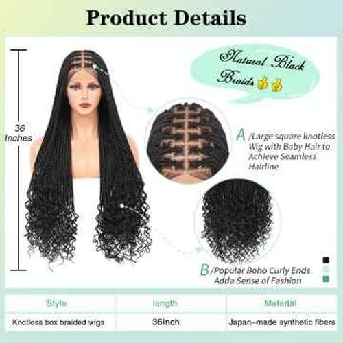 Fecihor 36 Inch 13X8 HD Lace Front Box Braided Wigs With Boho Curly Ends Knotless Braided Wig For Women Premium Synthetic Braids Lace Front Wig With Baby Hair Natural Black